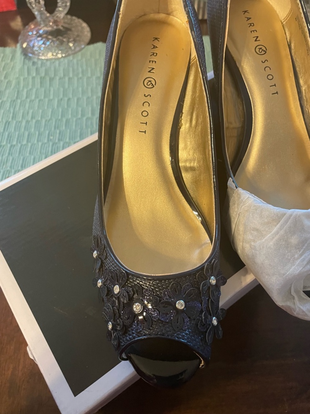 Karen Scott Black Floral Crystal Peep-Toe Heels